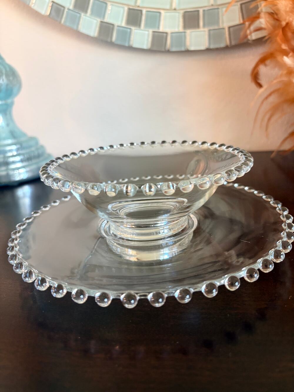 Vtg Imperial Glass Candlewick Clear Crystal Footed Bowl & Underplate 2 Pc Set